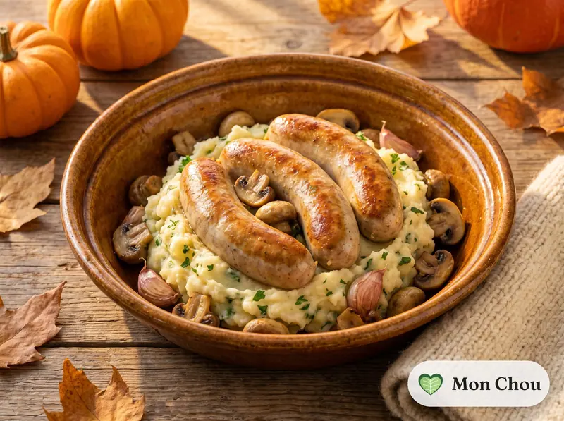 Boudin blanc, champignons poêlés et purée