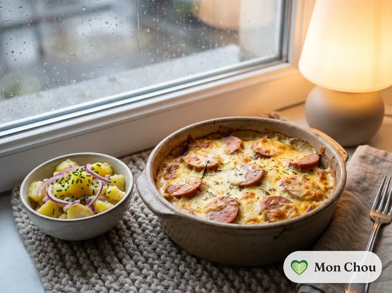 Cervelas gratiné au munster et salade de pommes de terre