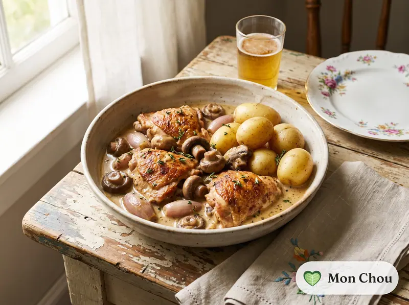 Coq à la bière et pommes vapeur