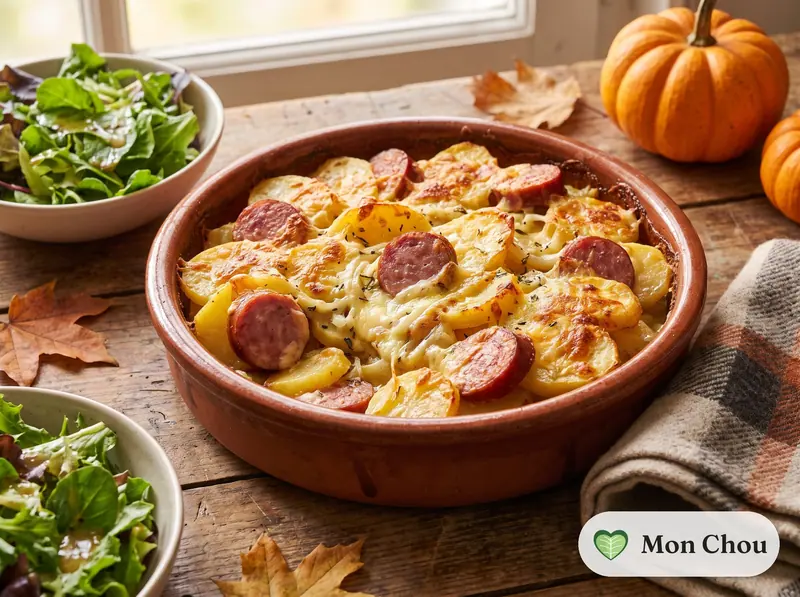 Gratin de pommes de terre à la cancoillotte et saucisse de Montbéliard