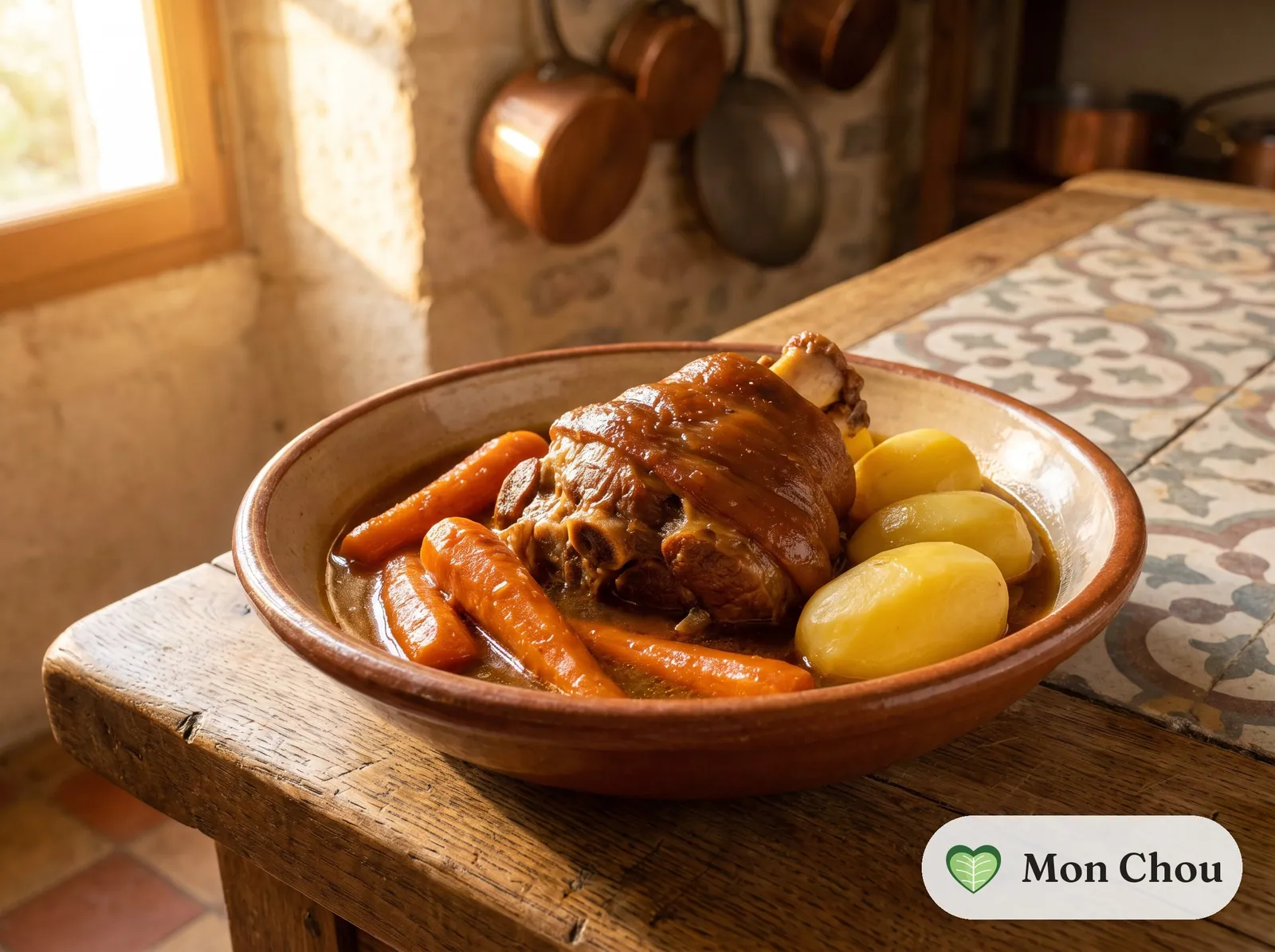 Jarret de porc braisé à la bière et pommes vapeur