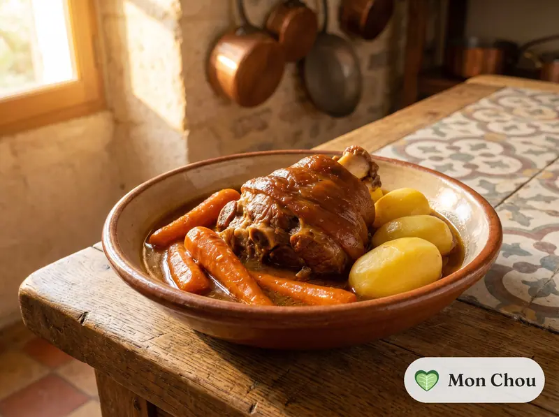 Jarret de porc braisé à la bière et pommes vapeur