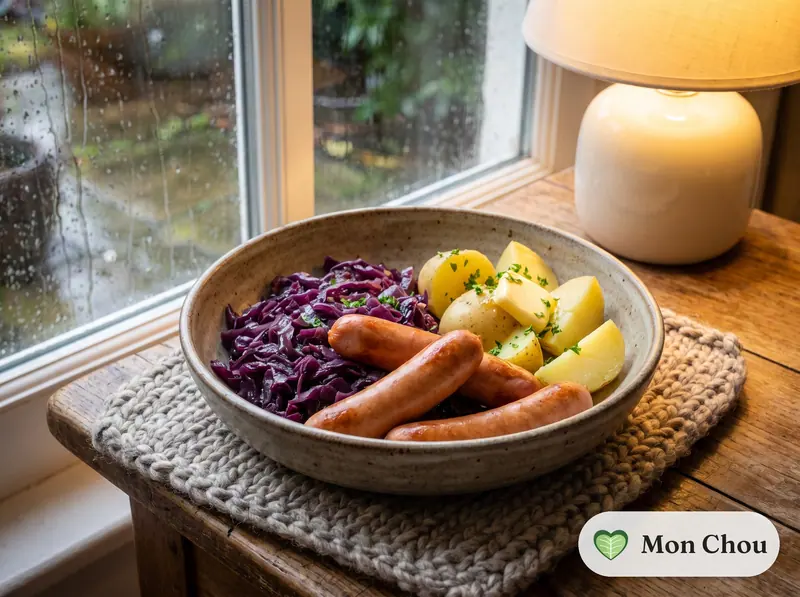 Knacks, chou rouge braisé et pommes vapeur