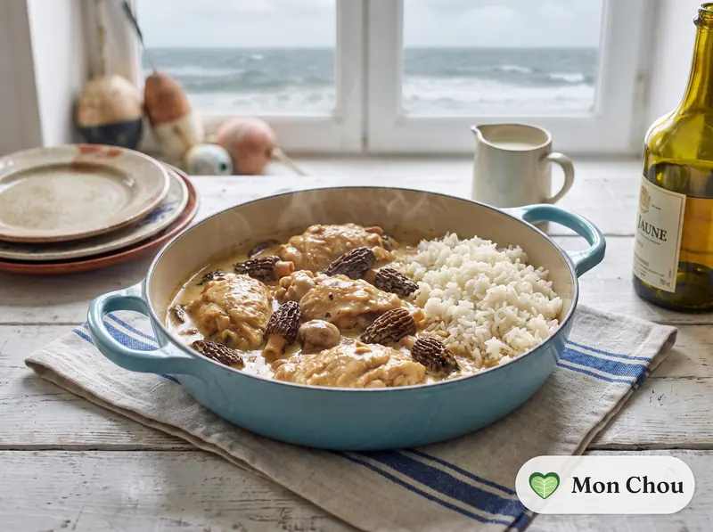 Poulet au vin jaune et aux morilles, riz