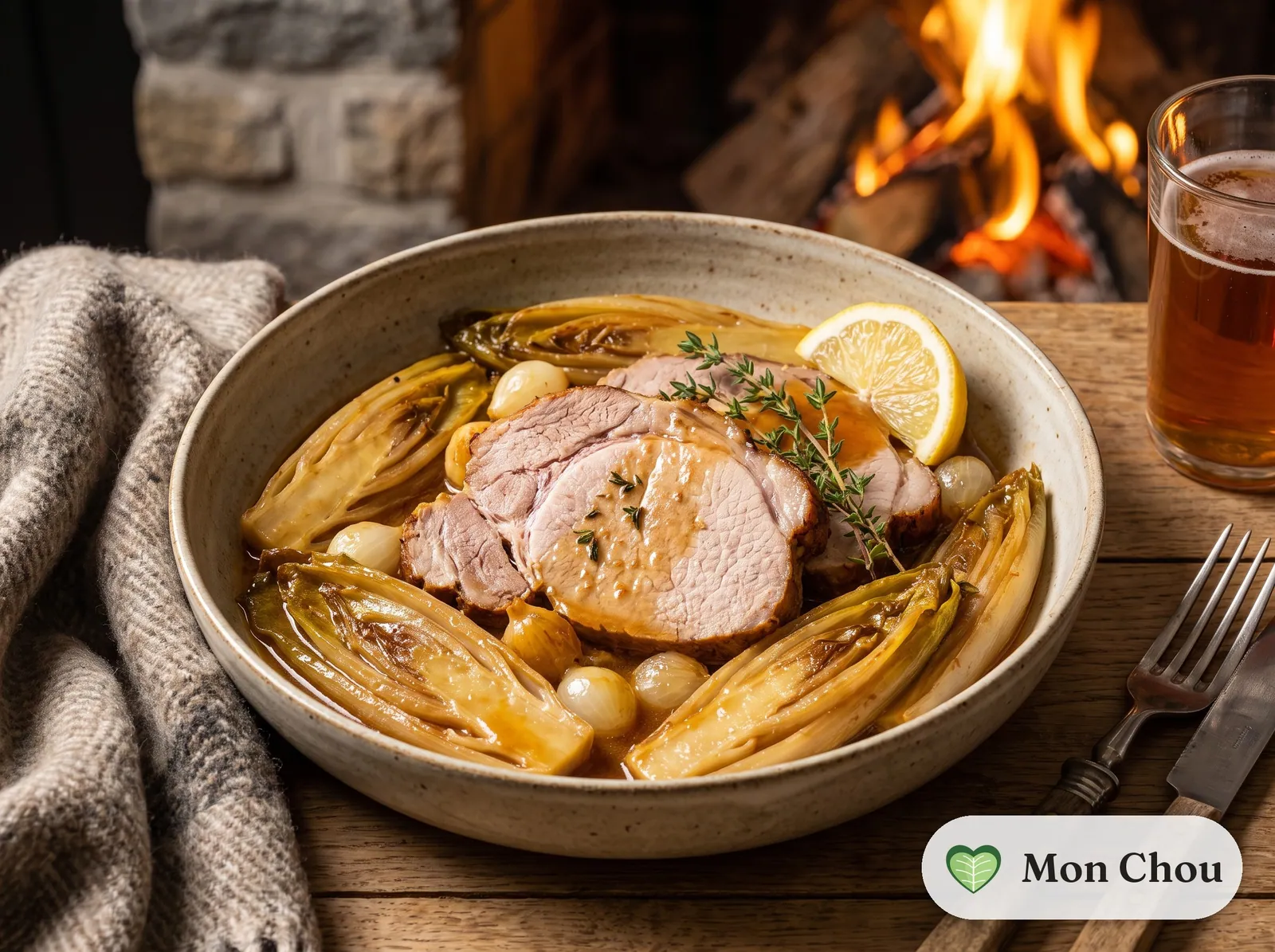Beer-braised pork roast with braised Belgian endive