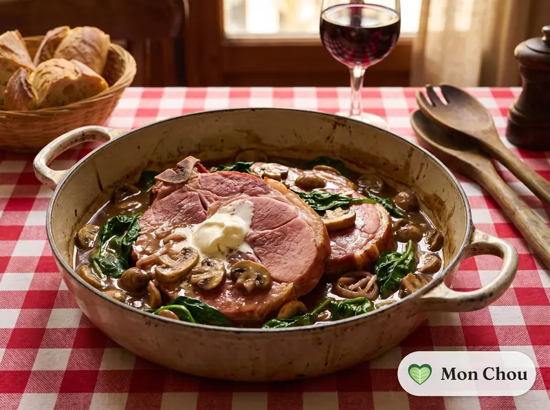 Jambon braisé sauce madère et épinards