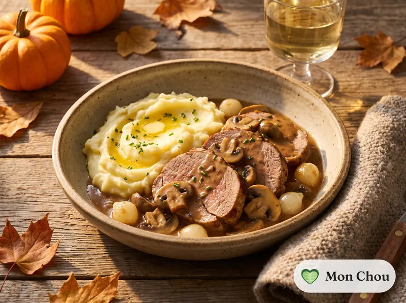 Rôti de veau aux champignons et purée