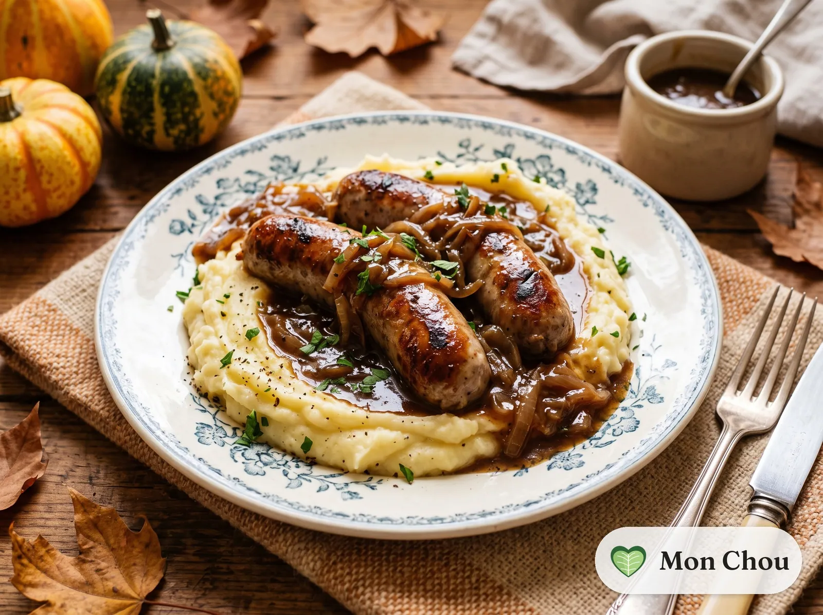 Sausages with mashed potatoes and onion gravy