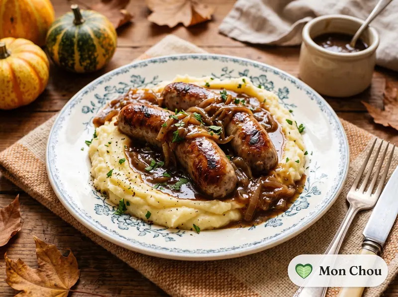 Saucisses, purée et sauce aux oignons