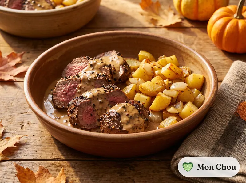 Steak au poivre et pommes sautées