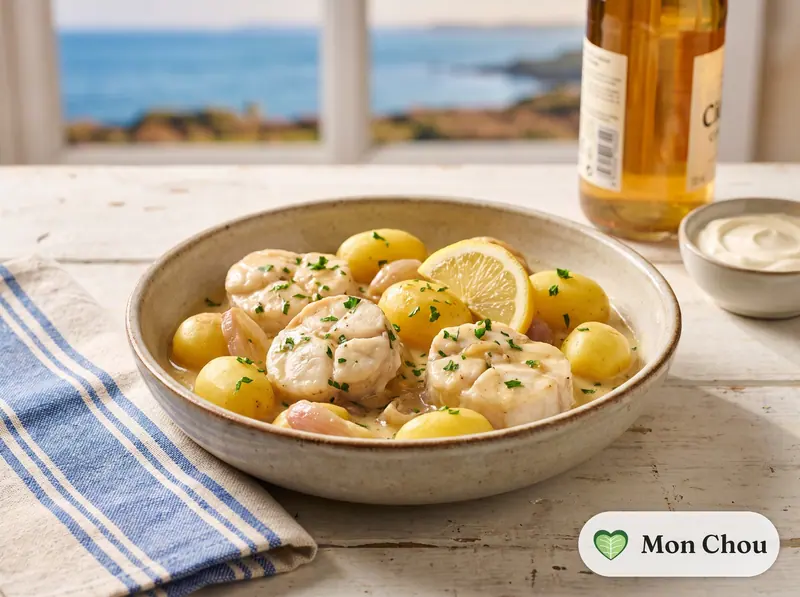 Monkfish in cider sauce with potatoes