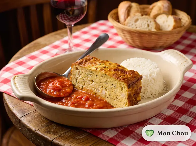 Pain de poisson, sauce tomate et riz