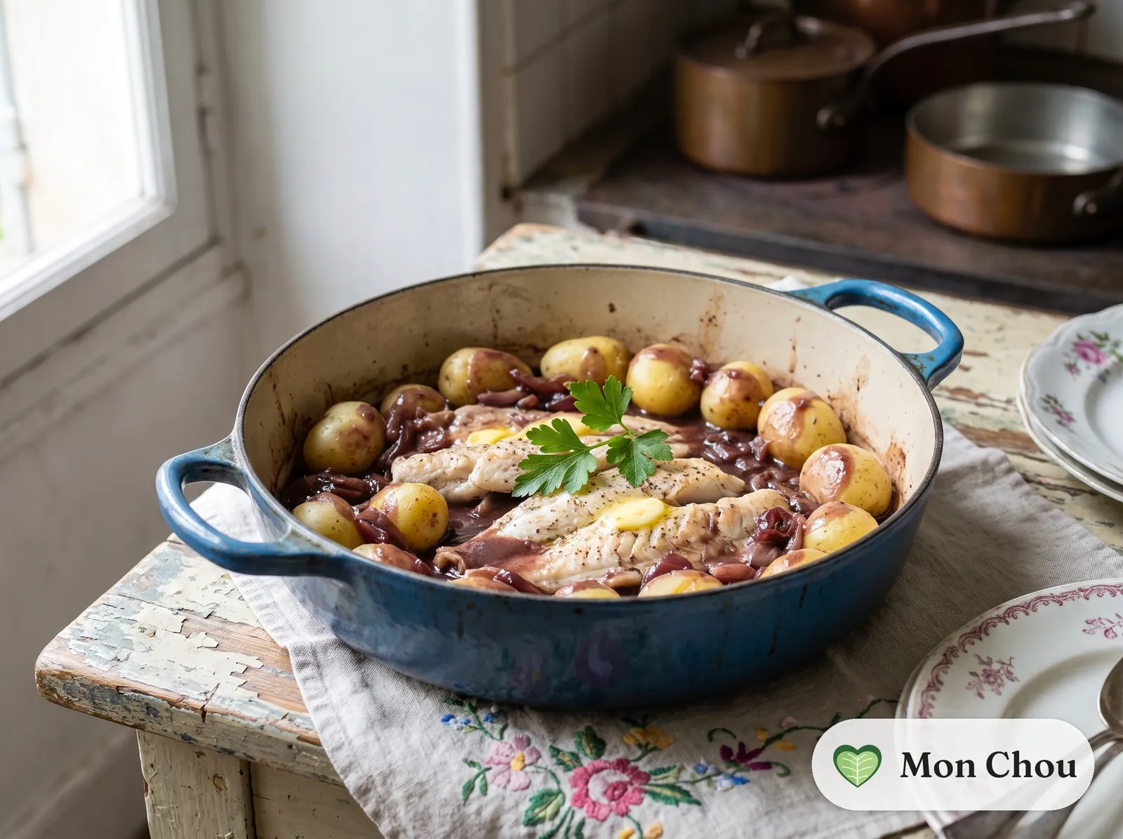 Sandre au pinot noir et pommes vapeur