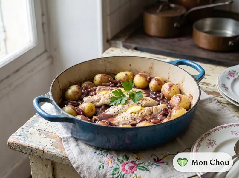 Sandre au pinot noir et pommes vapeur
