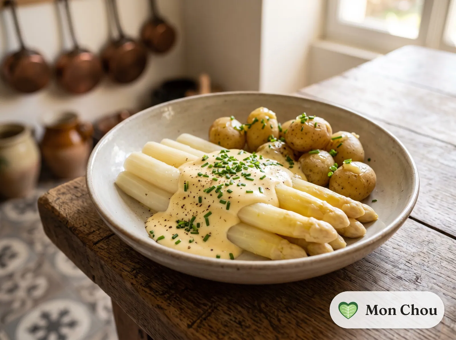 Asperges blanches sauce mousseline et pommes de terre nouvelles