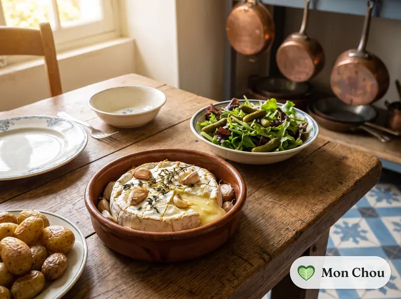 Camembert rôti, pommes de terre et salade