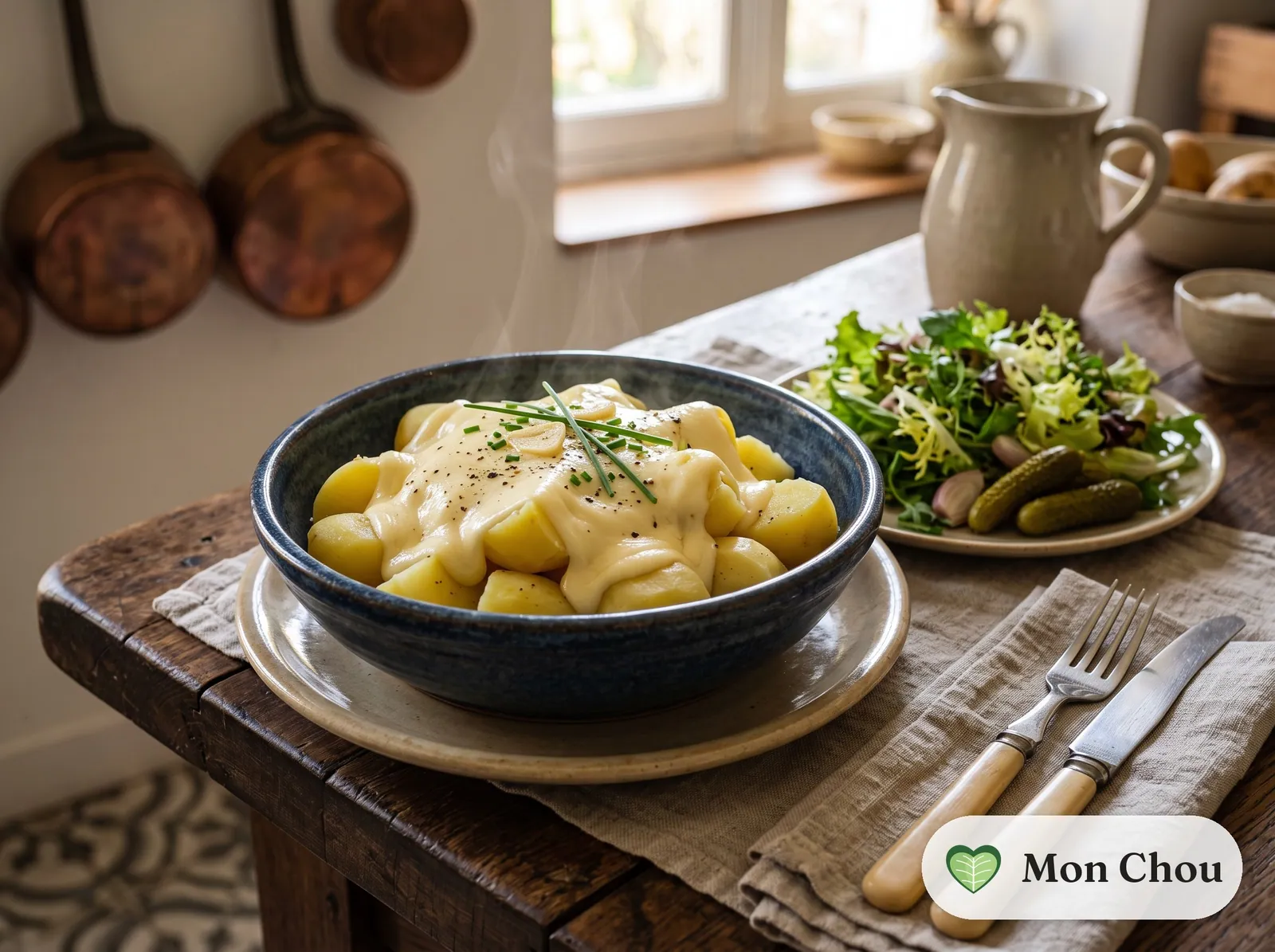 Cancoillotte chaude, pommes de terre et salade