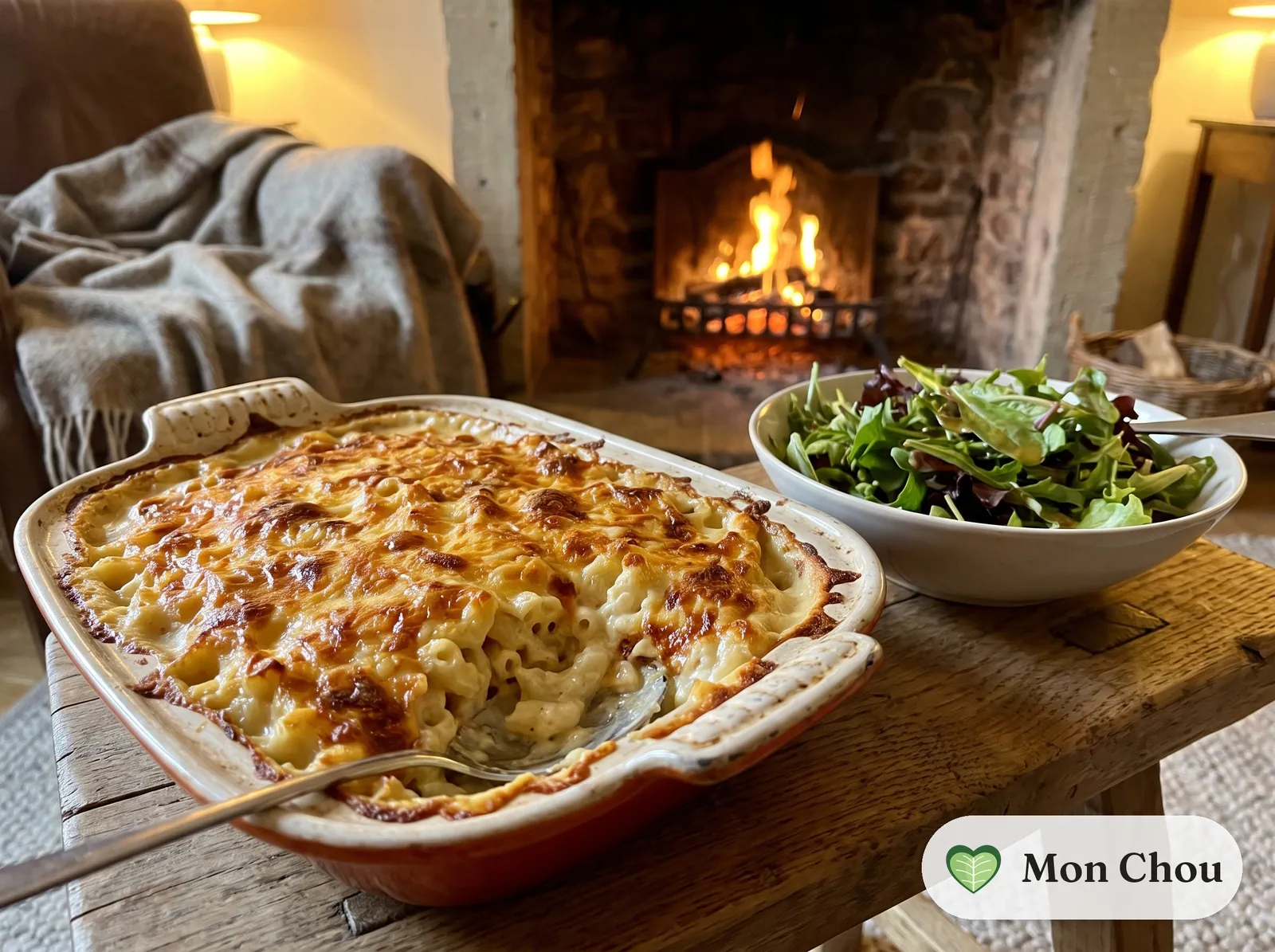 Gratin de macaronis au comté et salade verte