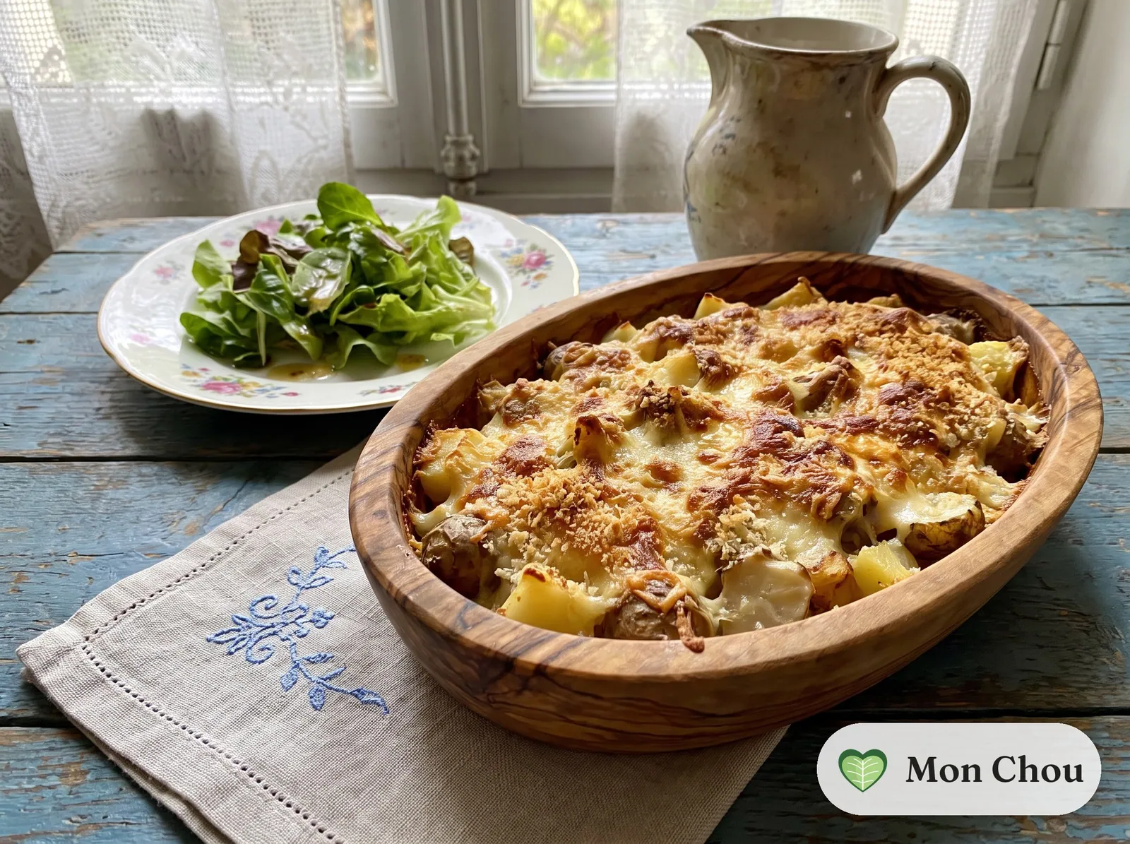 Jerusalem artichoke gratin with green salad