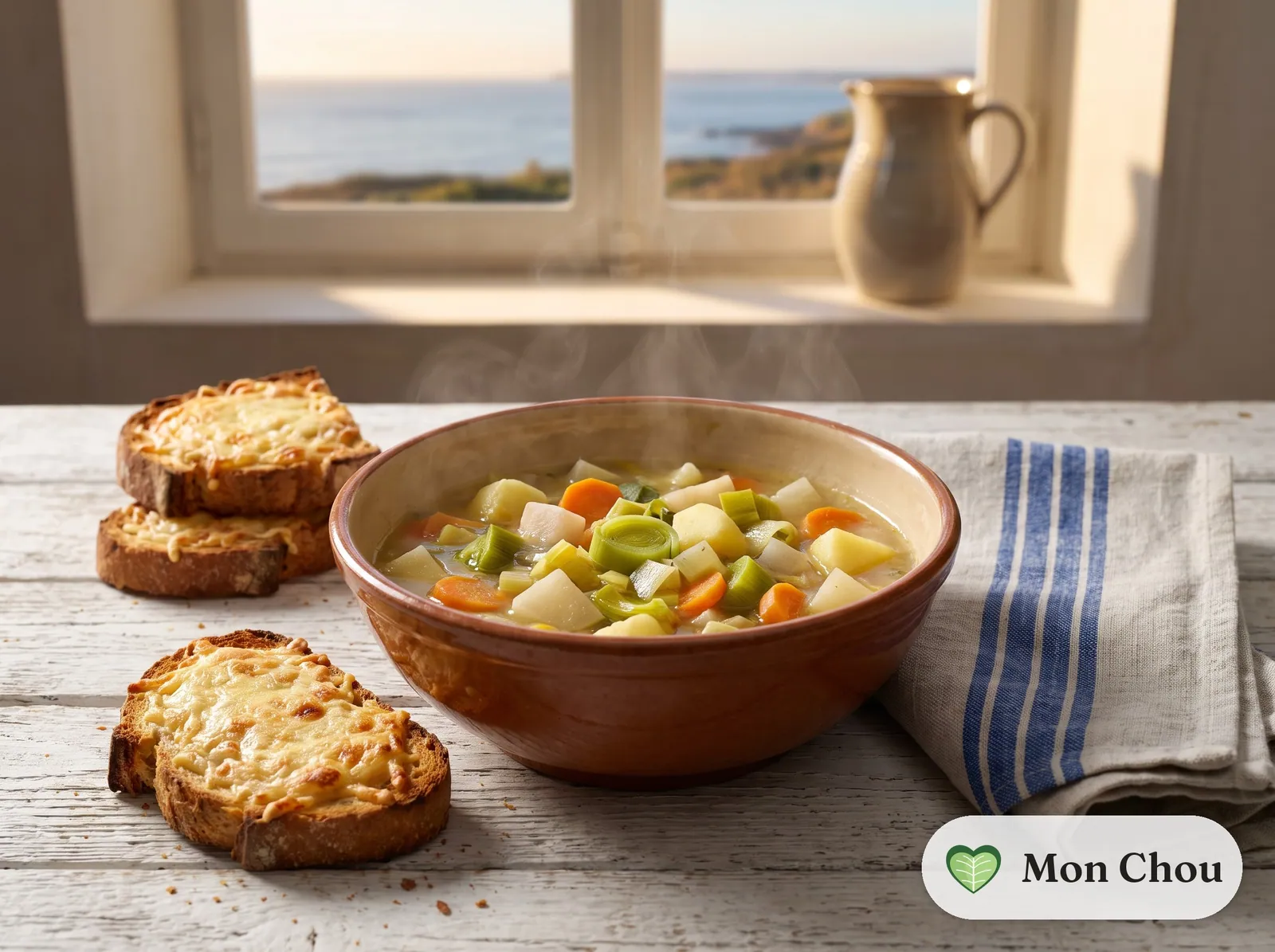 Potage cultivateur et tartines au fromage