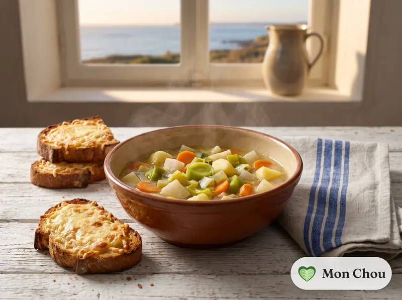 Potage cultivateur et tartines au fromage