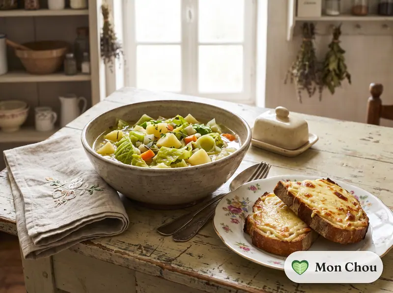 Cabbage and potato soup with comté toasts