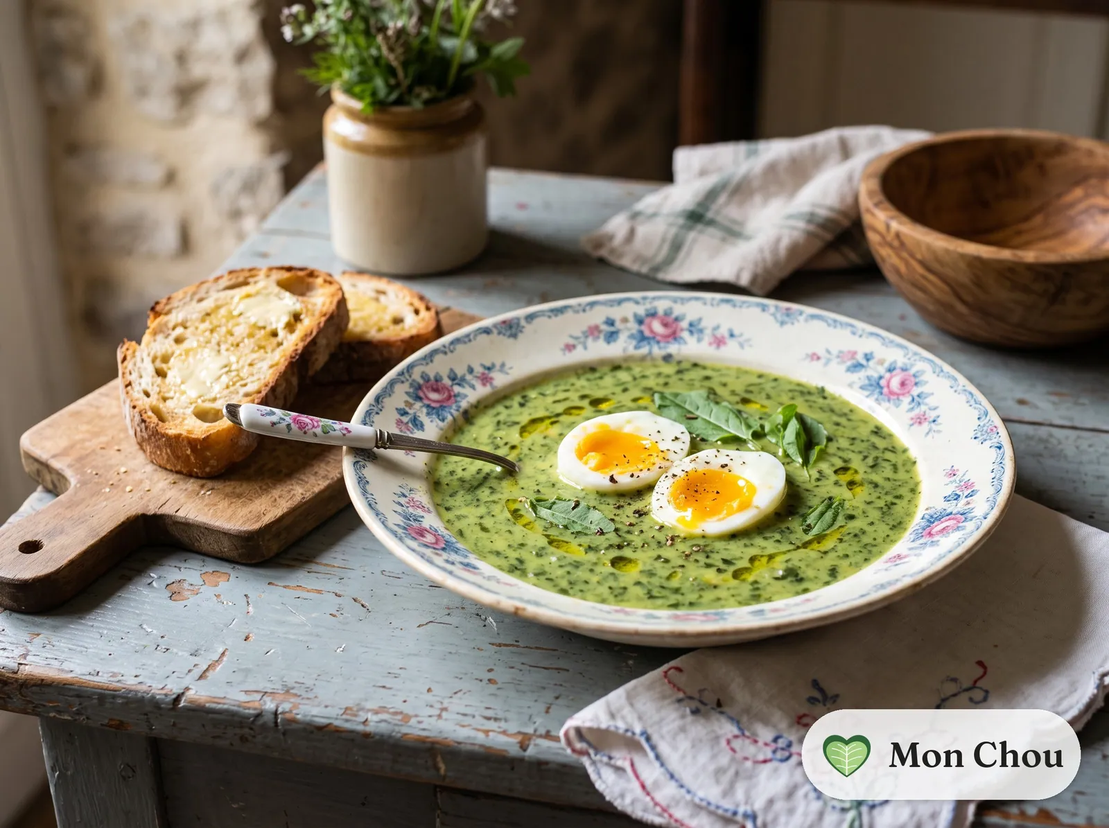 Sauerampfersuppe mit wachsweichen Eiern