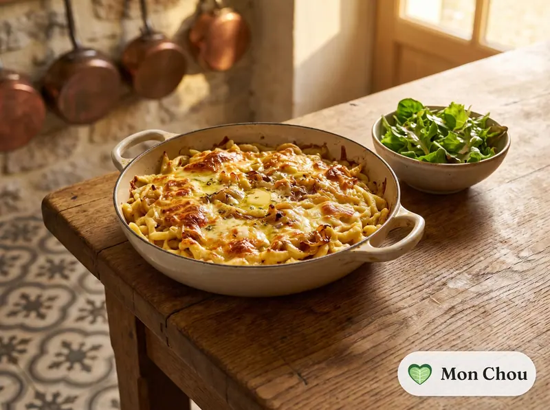 Überbackene Spätzle mit Munsterkäse und grünem Salat