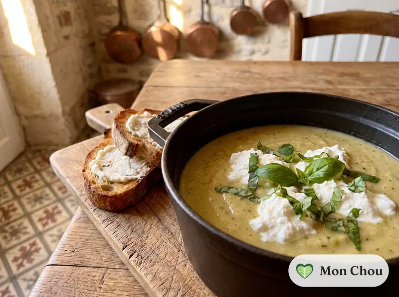Velouté de courgettes au fromage frais et tartines