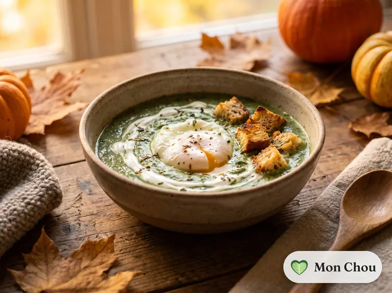 Velouté d&rsquo;épinards et œufs pochés