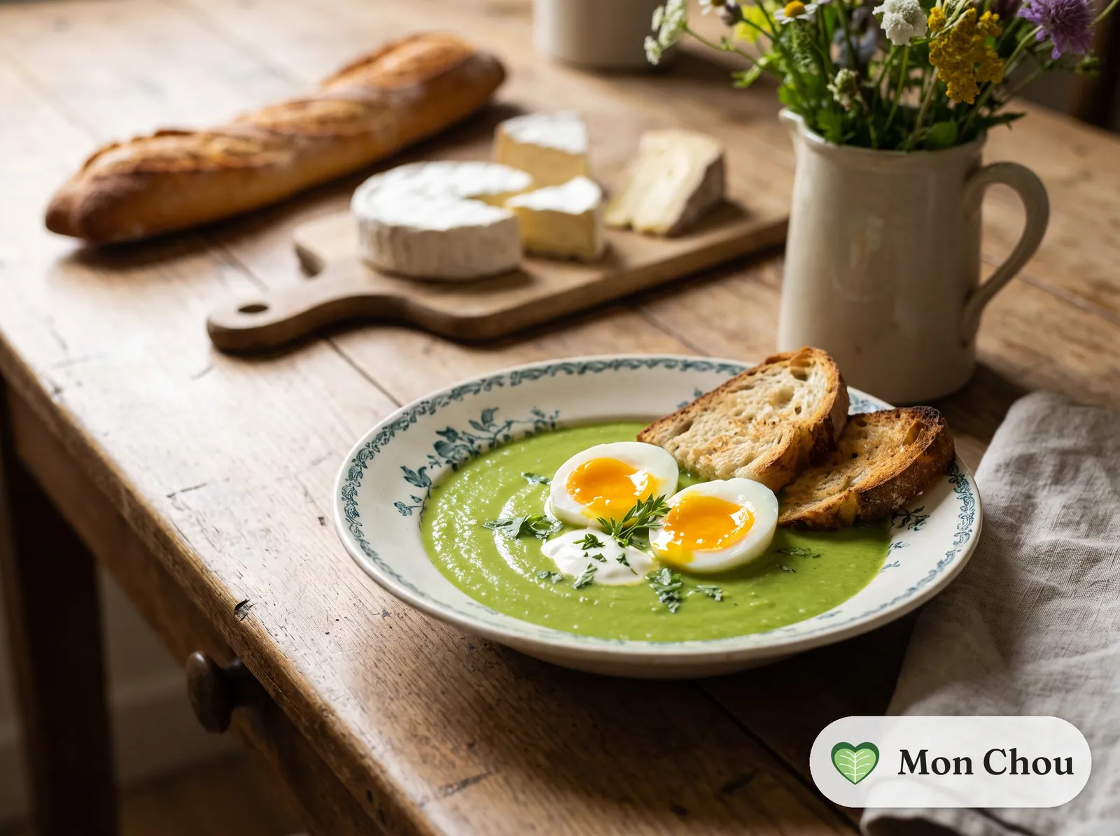Velouté de petits pois et œufs mollets
