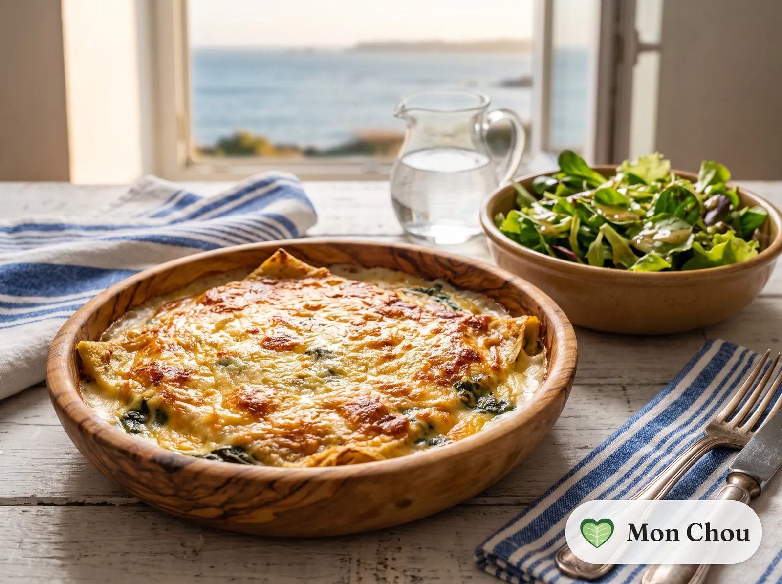 Crêpes gratinées aux épinards et salade