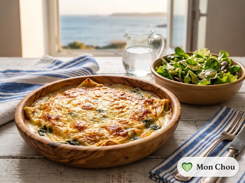 Crêpes gratinées aux épinards et salade