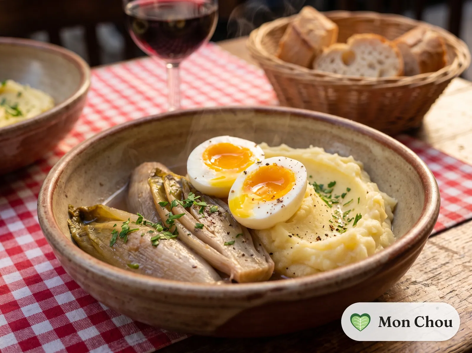 Endives braisées, purée et œufs mollets