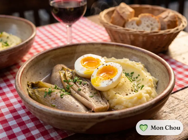 Endives braisées, purée et œufs mollets