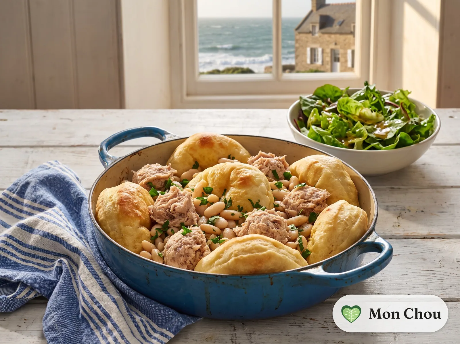 Fouées aux rillettes et mogettes, salade