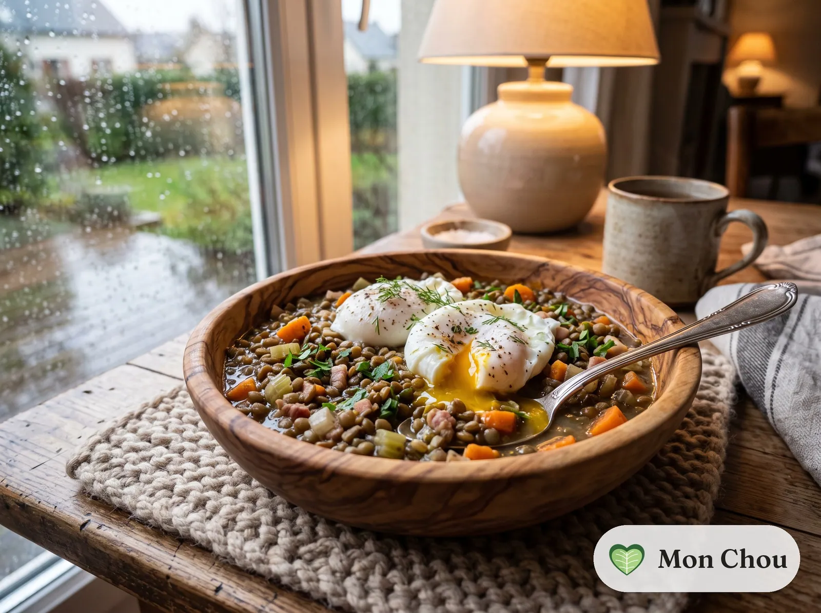 Green lentils with vegetables and poached eggs