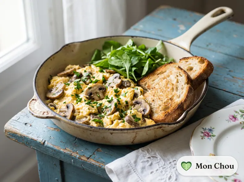 Œufs brouillés aux champignons et pain grillé