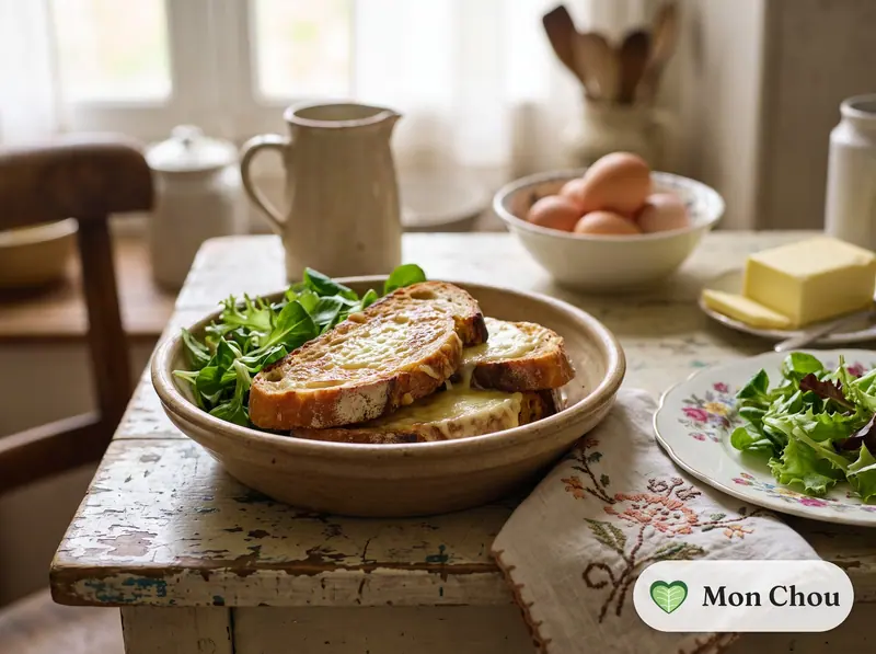 Pain perdu salé au comté et salade