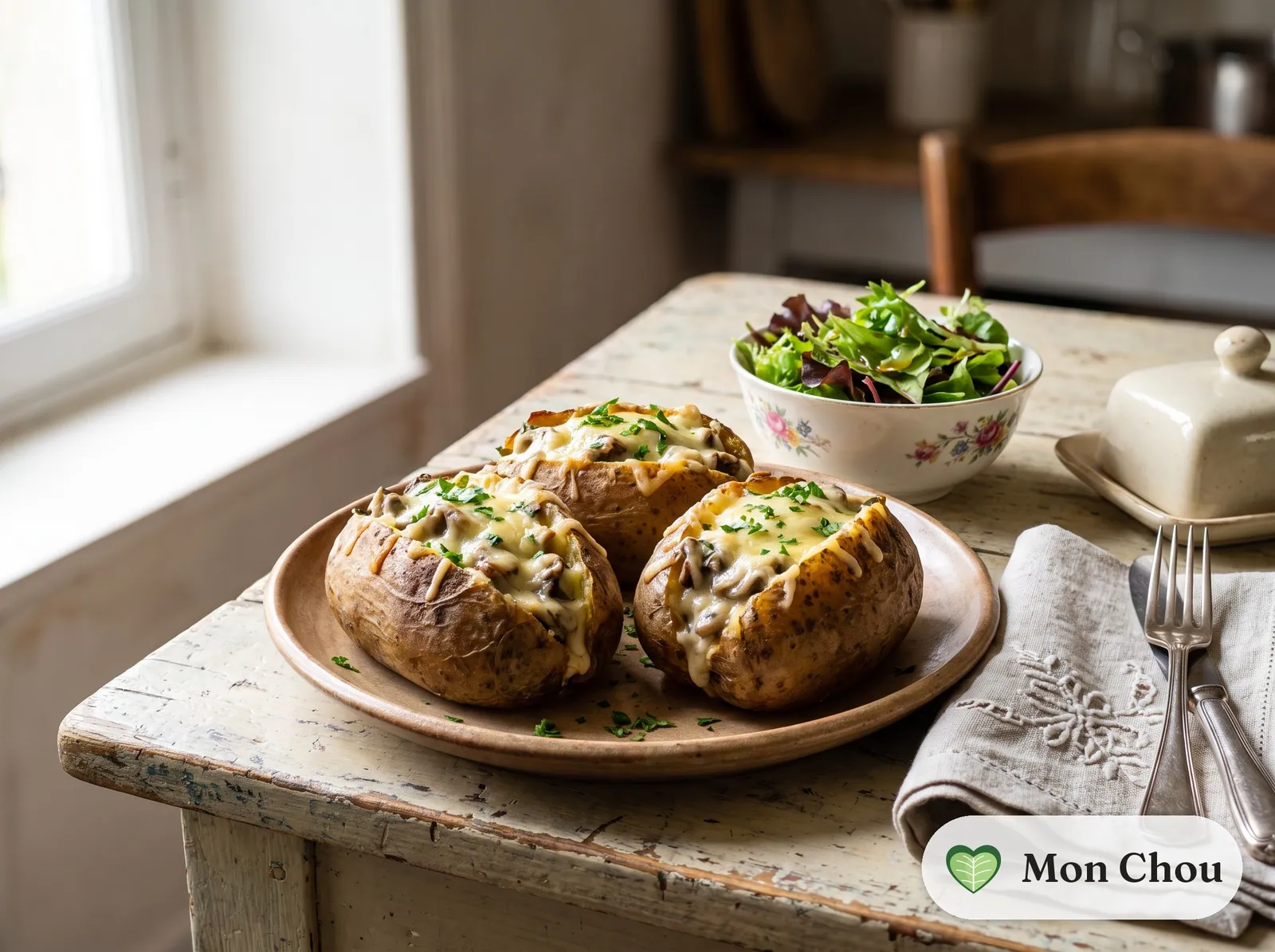 Pommes de terre farcies aux champignons et salade