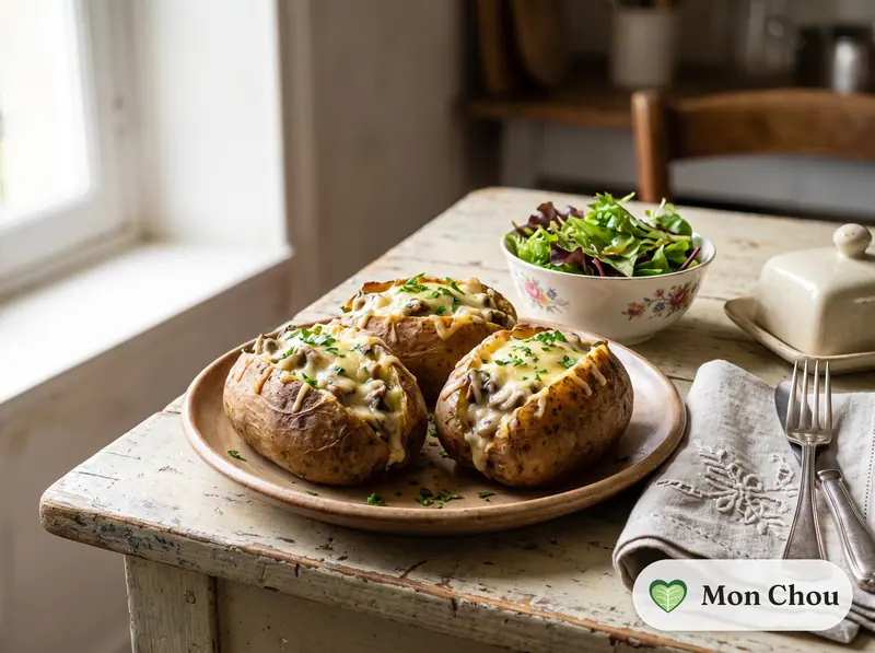 Pommes de terre farcies aux champignons et salade