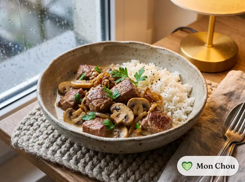 Sauté de veau aux champignons et riz
