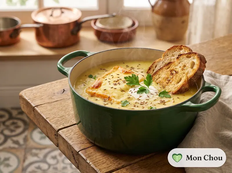 Soupe de pommes de terre au munster et cumin