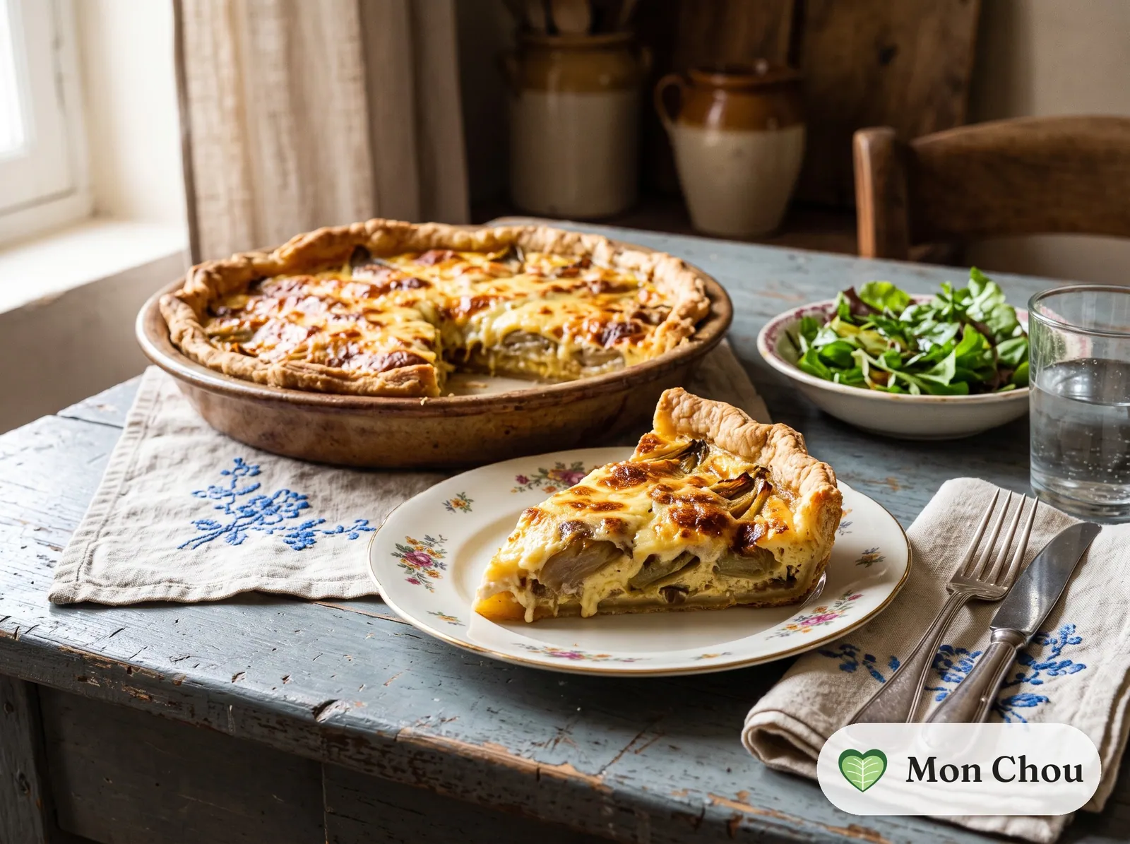 Chicorée-Comté-Tarte mit grünem Salat
