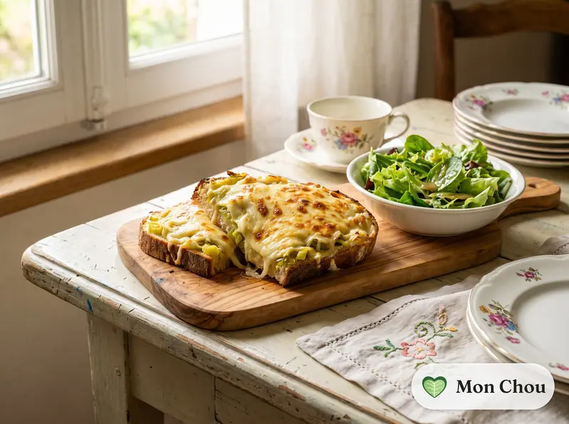 Tartines gratinées aux poireaux et comté, salade