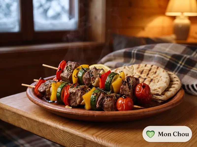 Brochettes d&rsquo;agneau aux herbes et légumes grillés