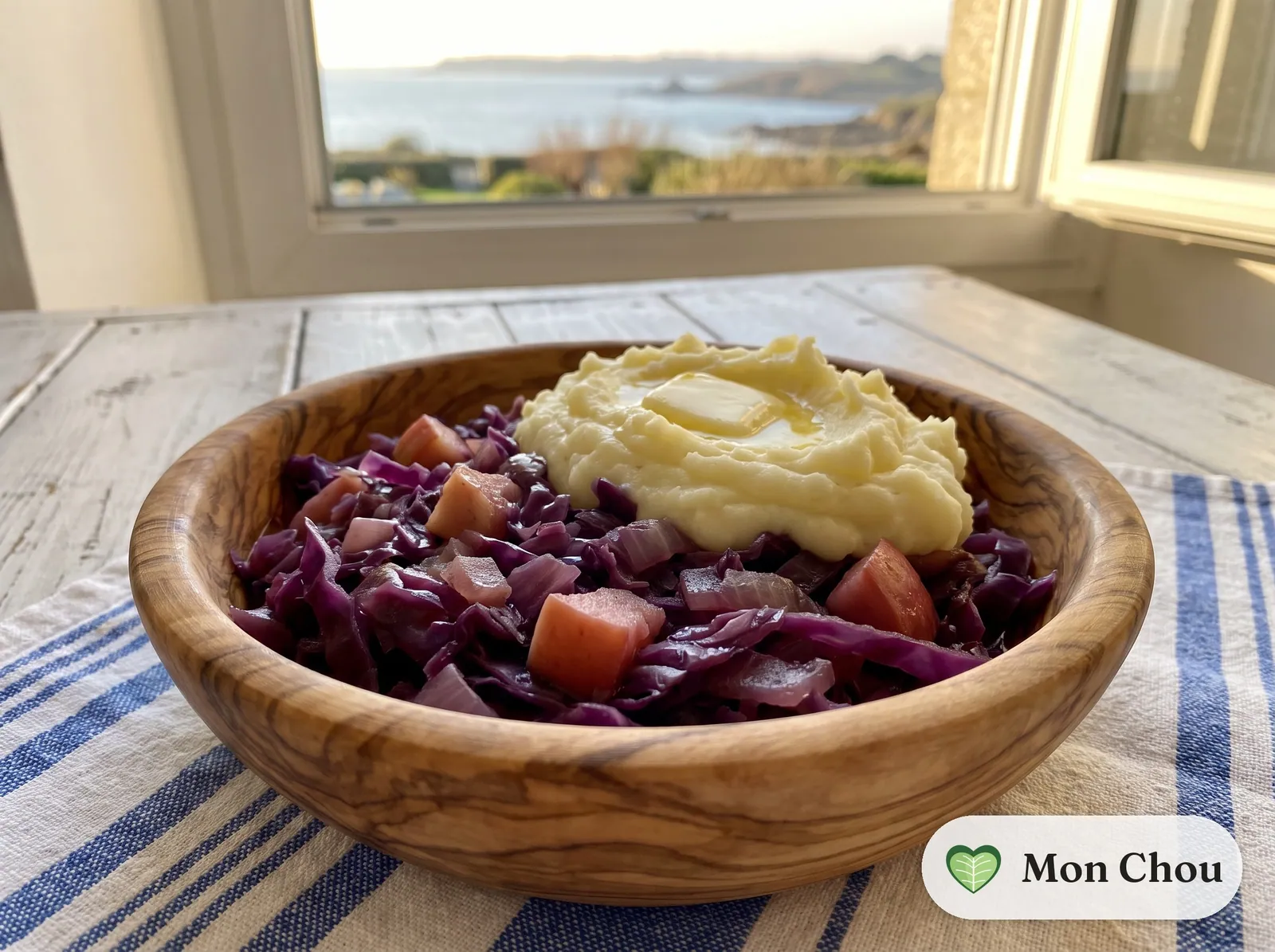 Braised Red Cabbage with Apples, Mashed Potatoes and Fried Egg