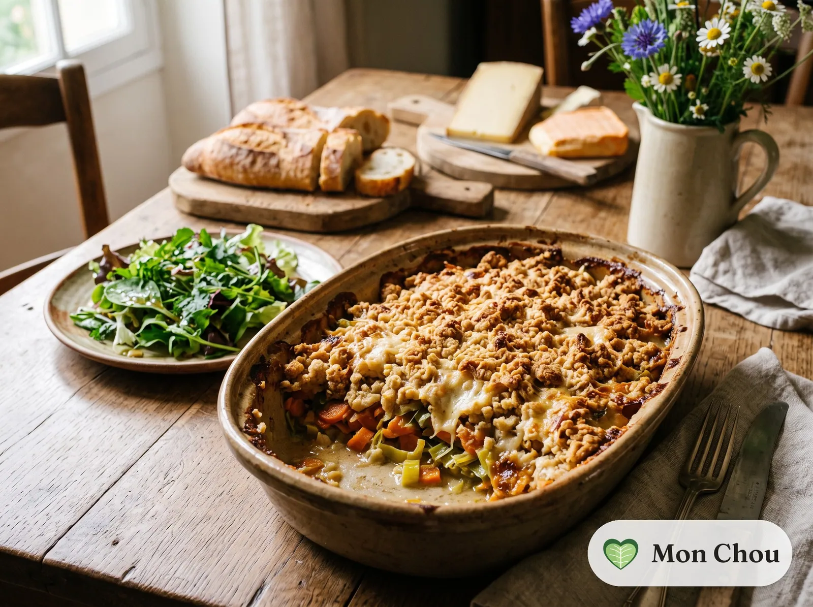Vegetable crumble with green salad