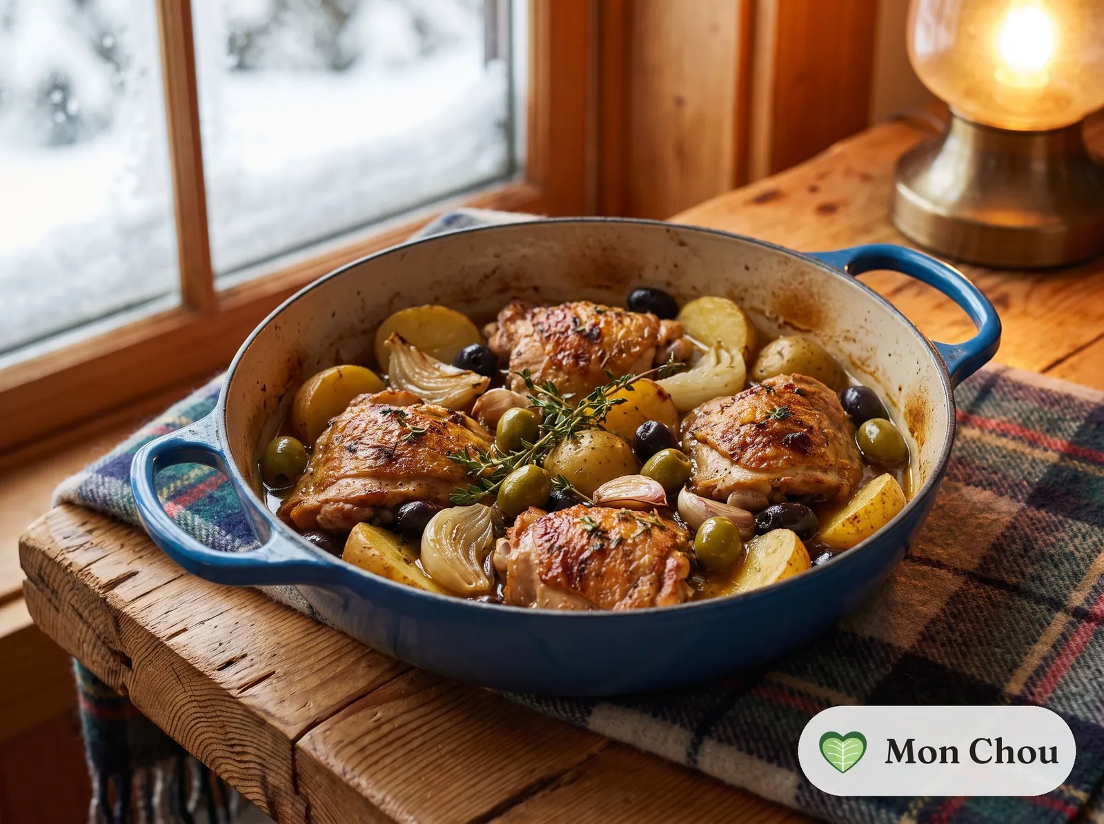 Poulet aux olives et pommes de terre au thym