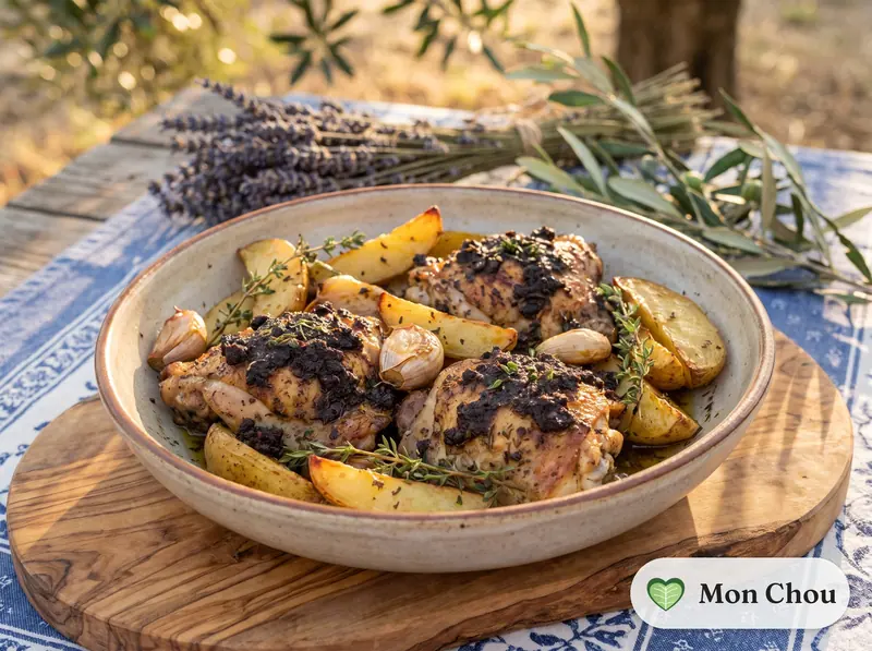 Poulet à la tapenade et pommes de terre rôties
